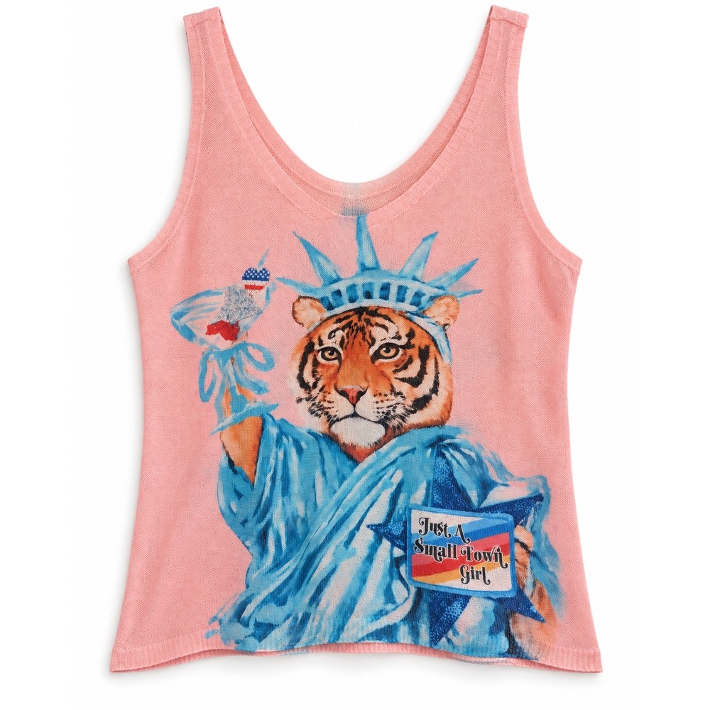 Ohlala Pronto Moda Tank Top M Pink Tiger Statue of Liberty Graphic Knit Italy